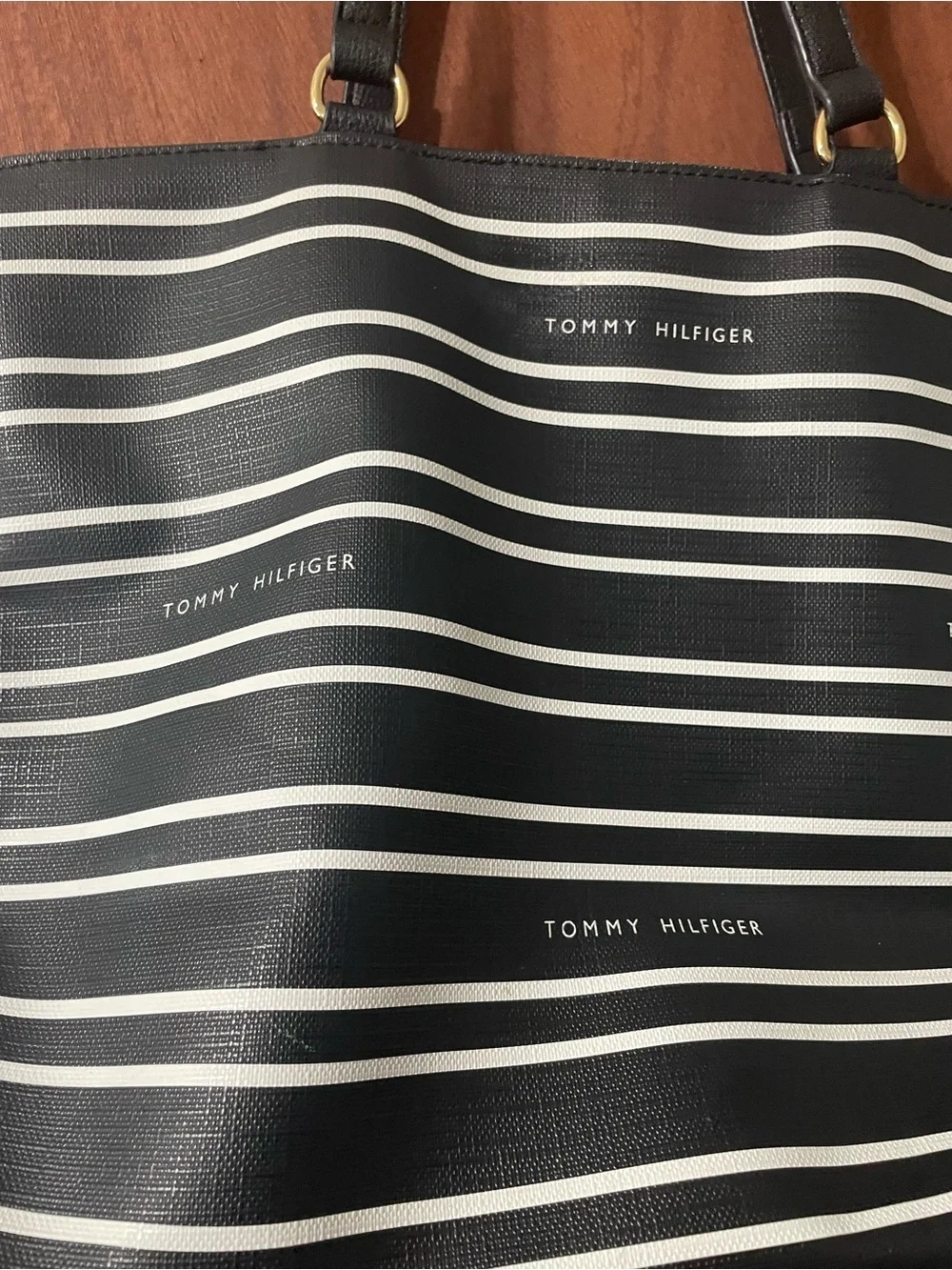 Tommy Hilfiger Black and White Striped Tote with Front Pocket